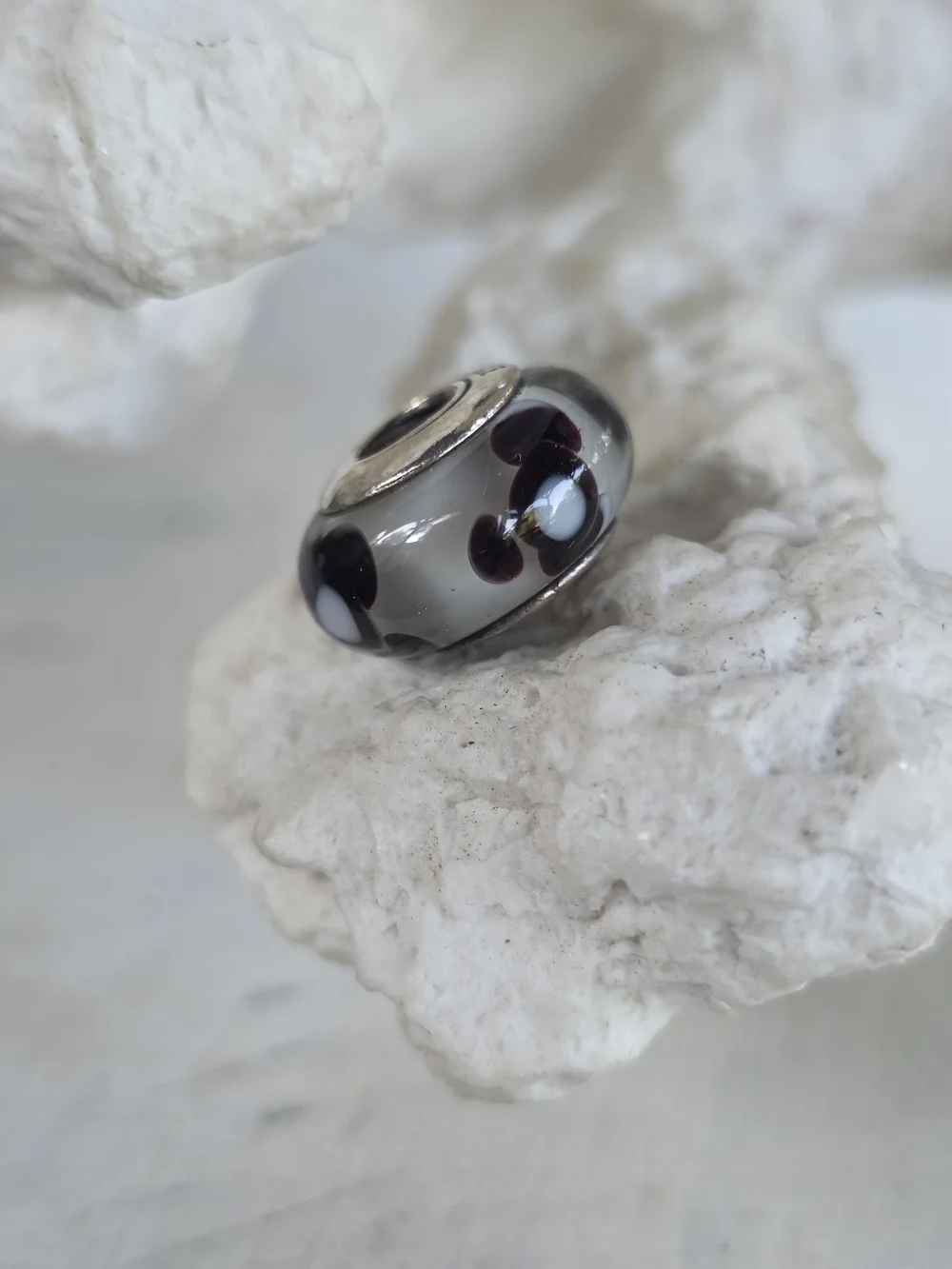 Pandora Gray Glass Charm with Black and White Dots